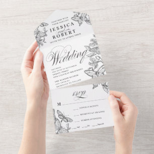 Black and White Sketched Butterflies All In One In All In One Invitation