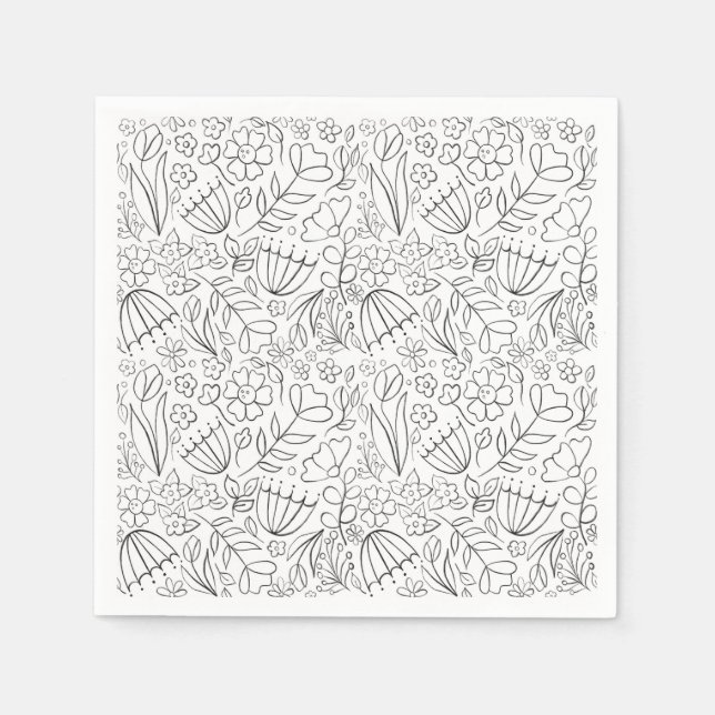 Black and white sketched flower doodles napkins (Front)