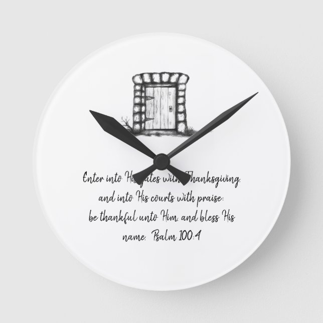 Black and White Sketched Garden Door with verse Round Clock (Front)