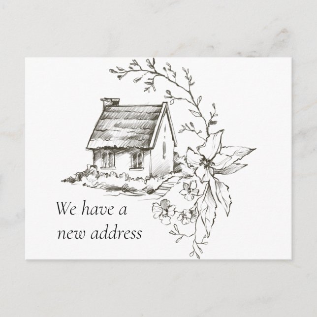 Black and White Sketched House New Address Announcement Postcard (Front)