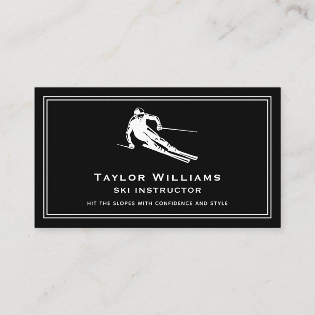 Black And White Skier Skiing Coach Ski Instructor Business Card (Front)