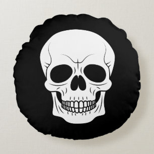 Black And White Skull Head Grinning Halloween Round Pillow