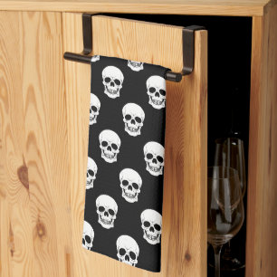 Black And White Skull Pattern Minimal Halloween Kitchen Towel