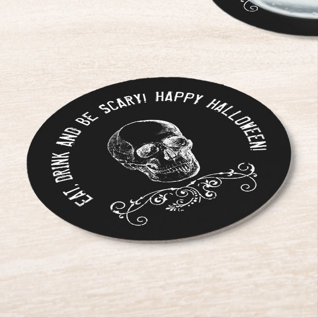 Black and White Skull Personalized Halloween Party Round Paper Coaster (Angled)