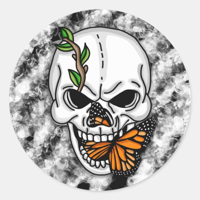 Black and White Skull with Monarch Butterfly    Classic Round Sticker (Front)