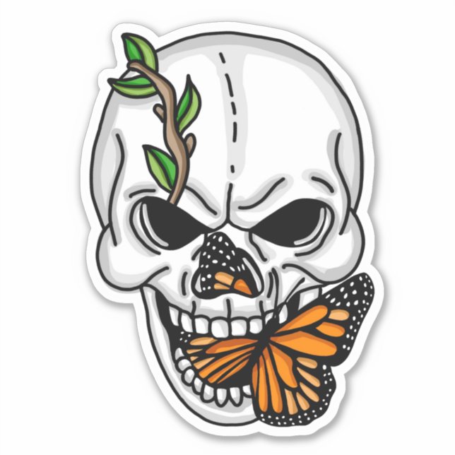 Black and White Skull with Monarch Butterfly   Sti (Front)