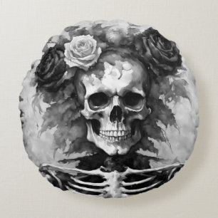 Black and White Skull with Roses Gothic Style Round Pillow