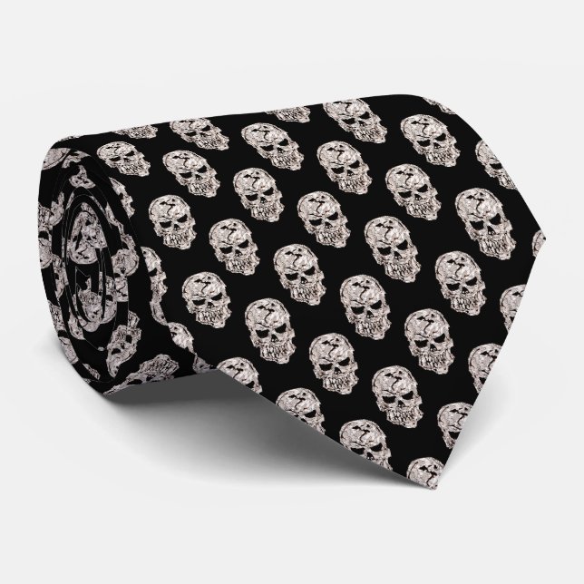 Black and White Skulls Pattern Tie (Rolled)