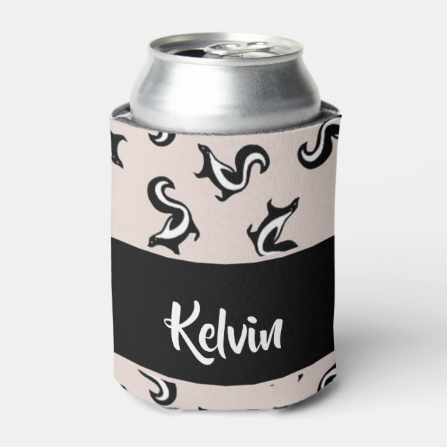 Black and white skunks on rose pink can cooler (Can Front)