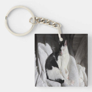 Black and White Sleeping Cat/Add Your Pet's Photo Keychain