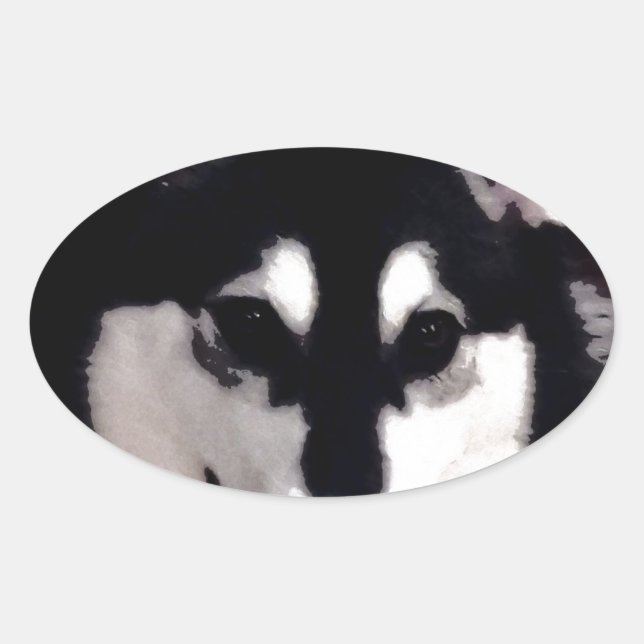 Black and white smiling Alaskan Malamute Oval Sticker (Front)