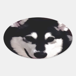 Black and white smiling Alaskan Malamute Oval Sticker