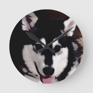Black and white smiling Alaskan Malamute Round Clock