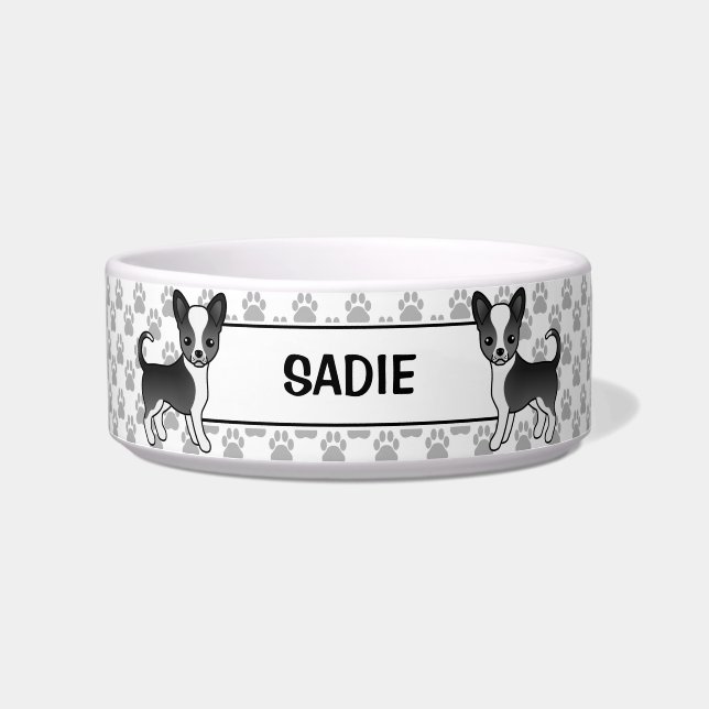 Black And White Smooth Coat Chihuahua Dog & Name Bowl (Front)