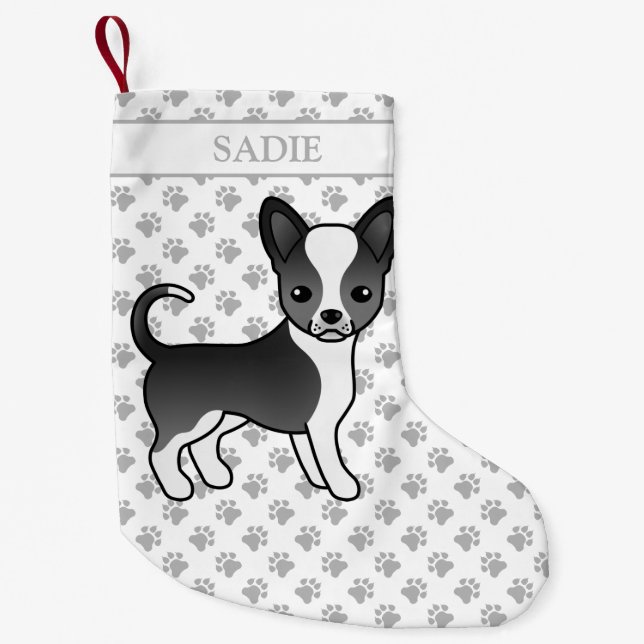 Black And White Smooth Coat Chihuahua Dog & Name Small Christmas Stocking (Front)