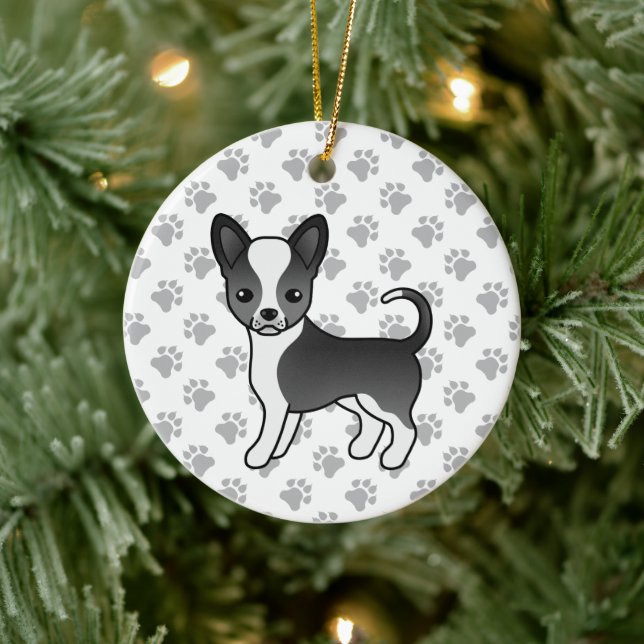 Black And White Smooth Coat Chihuahua Dog & Paws Ceramic Ornament (Tree)