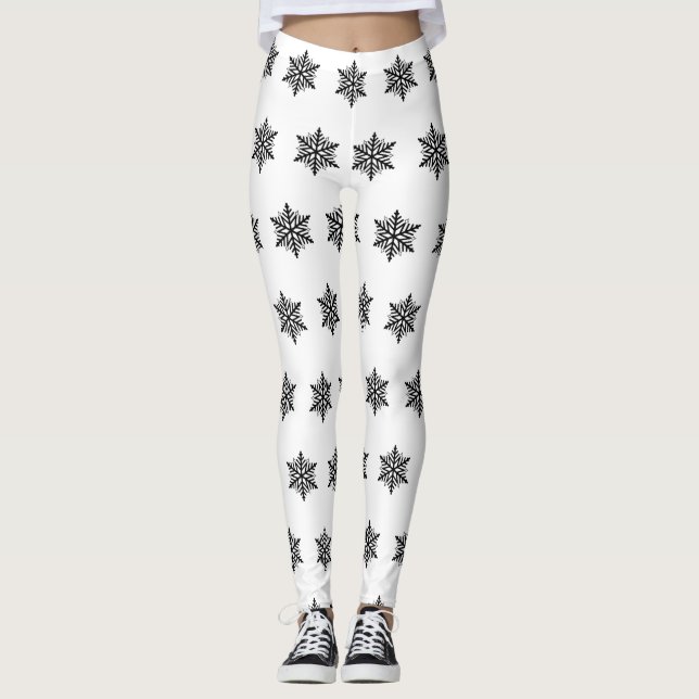 Black and White Snowflake Holiday Winter Christmas Leggings (Front)