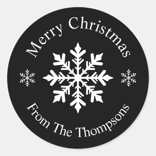 Black And White Snowflake Merry Christmas Modern Classic Round Sticker (Front)
