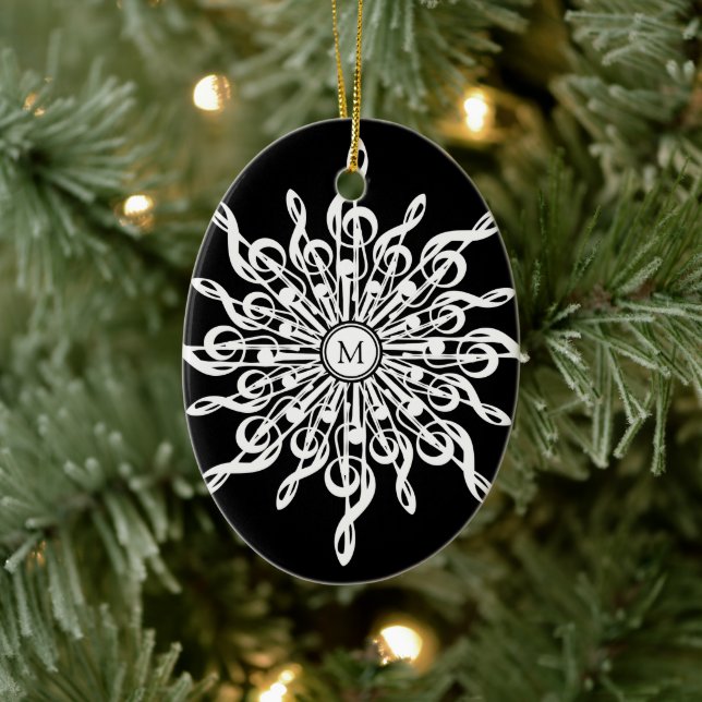 Black and White Snowflake Music Notes Monogram Ceramic Ornament (Tree)