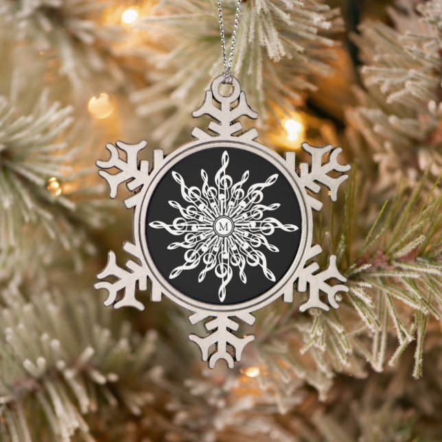 Black and White Snowflake Music Notes Monogram Snowflake Pewter Christmas Ornament (Tree)