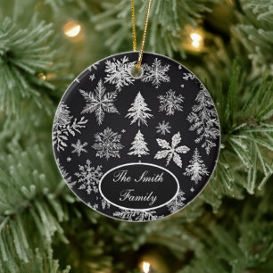 Black and White Snowflake *Personalize* Ceramic Ornament