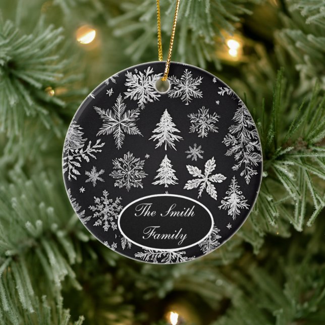 Black and White Snowflake *Personalize* Ceramic Ornament (Tree)