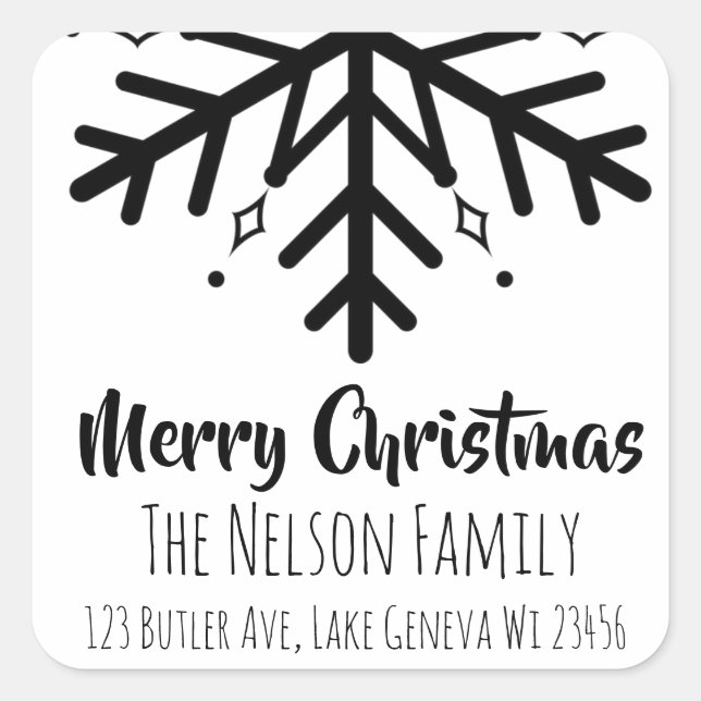 Black and White Snowflake Personalized Christmas Square Sticker (Front)