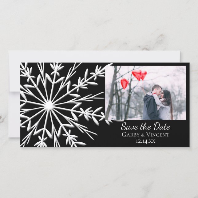Black and White Snowflake Wedding Save the Date (Front)