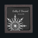 Black and White Snowflake Winter Wedding Jewelry Box<br><div class="desc">Customize the festive Black and White Snowflake Winter Wedding Gift Box with the personal names of the bride and groom and their December, January or February winter wonderland theme marriage ceremony date. Create a personalized keepsake wedding gift for the newlyweds or thank you present for your wedding attendants, bridesmaids and...</div>