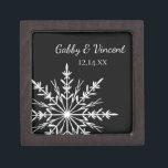 Black and White Snowflake Winter Wedding Jewelry Box<br><div class="desc">Customize the festive Black and White Snowflake Winter Wedding Gift Box with the personal names of the bride and groom and their December, January or February winter wonderland theme marriage ceremony date. Create a personalized keepsake wedding gift for the newlyweds or thank you present for your wedding attendants, bridesmaids and...</div>