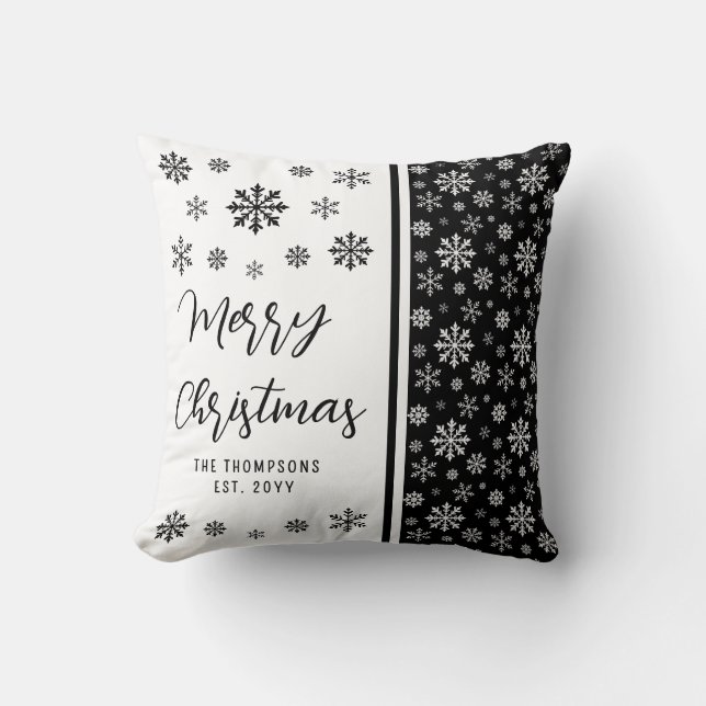 Black And White Snowflakes Custom Name Christmas Throw Pillow (Front)