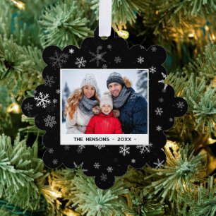 Black and White Snowflakes Merry Christmas Photo Ornament Card