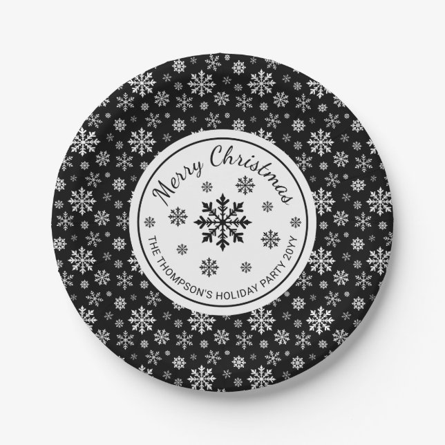 Black And White Snowflakes Modern Christmas Party Paper Plate (Front)