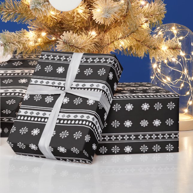 Black and White Snowflakes Modern Christmas Wrapping Paper (Holidays)