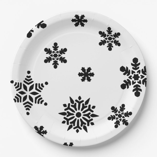 Black and White Snowflakes Paper Plates (Front)