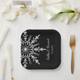 Black and White Snowflakes Winter Wedding Paper Plate