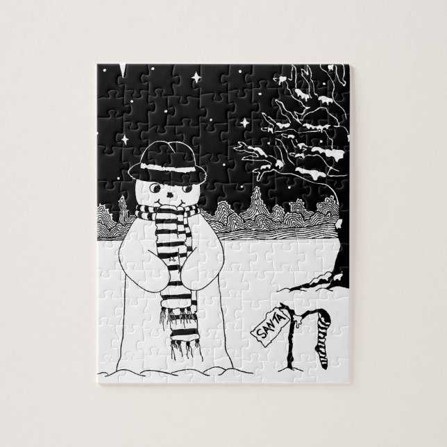 black and white snowman smiling at christmas jigsaw puzzle (Vertical)