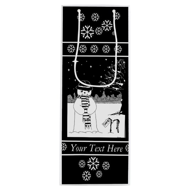 black and white snowman snow scene for christmas wine gift bag (Front)