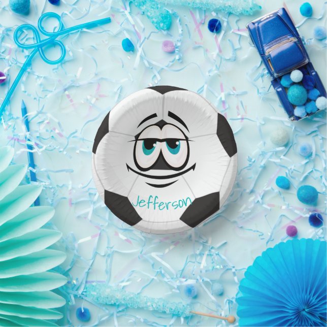 Black and white soccer ball funny face paper plate (Party)