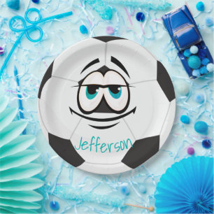 Black and white soccer ball funny face paper plate