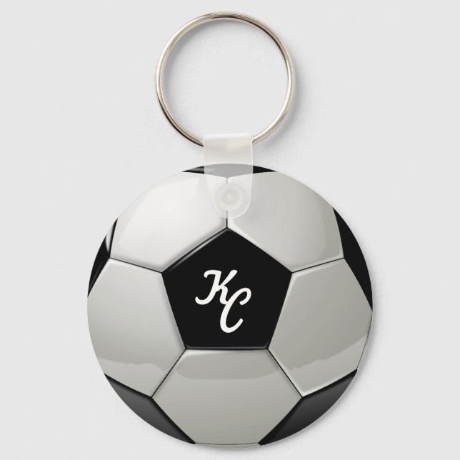 Black and White Soccer Ball Monogram Initials Keychain (Front)