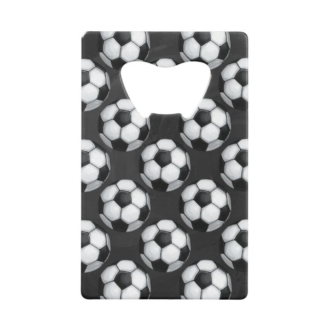 Black and White Soccer Ball Pattern Credit Card Bottle Opener (Front)