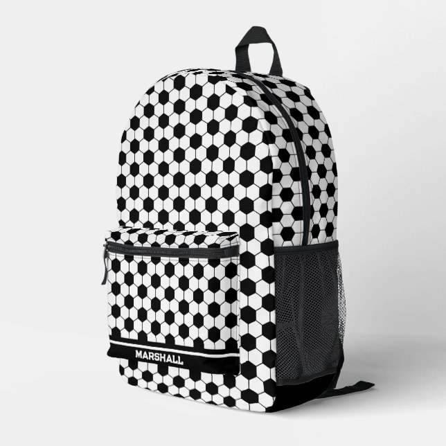 Black and white Soccer ball pattern Printed Backpack (Back Corner Right)