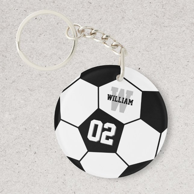 Black and White Soccer Ball Sports Monogram Keychain (Creator Uploaded)