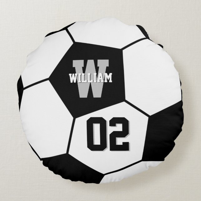 Black and White Soccer Ball Sports Monogram Round Pillow (Back)