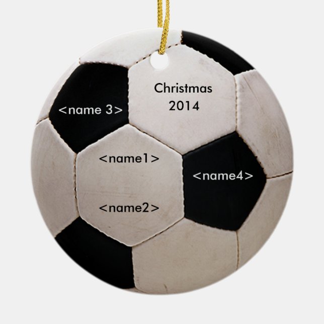 Black and White Soccer Ball with names Ceramic Ornament (Front)