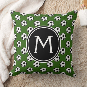 Black and White Soccer Balls on Green Monogram Throw Pillow