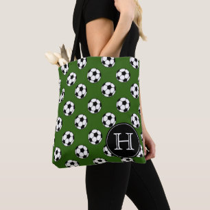 Black and White Soccer Balls on Green Monogram Tote Bag