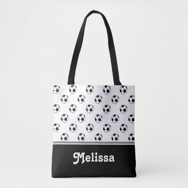 Black and White Soccer Balls | Personalized Tote Bag (Front)