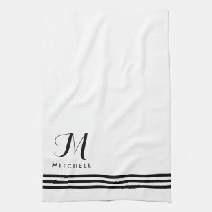 Black and White Sophisticated Stripes and Monogram Kitchen Towel